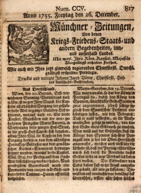 Münchner-Zeitungen, von denen Kriegs-, Friedens- und Staatsbegebenheiten, inn- und ausser Landes (Süddeutsche Presse) Freitag 26. Dezember 1755