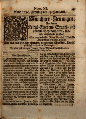 Münchner-Zeitungen, von denen Kriegs-, Friedens- und Staatsbegebenheiten, inn- und ausser Landes (Süddeutsche Presse) Montag 19. Januar 1756