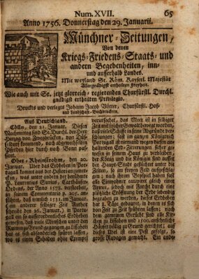 Münchner-Zeitungen, von denen Kriegs-, Friedens- und Staatsbegebenheiten, inn- und ausser Landes (Süddeutsche Presse) Donnerstag 29. Januar 1756