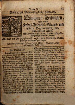 Münchner-Zeitungen, von denen Kriegs-, Friedens- und Staatsbegebenheiten, inn- und ausser Landes (Süddeutsche Presse) Donnerstag 5. Februar 1756