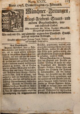 Münchner-Zeitungen, von denen Kriegs-, Friedens- und Staatsbegebenheiten, inn- und ausser Landes (Süddeutsche Presse) Donnerstag 19. Februar 1756