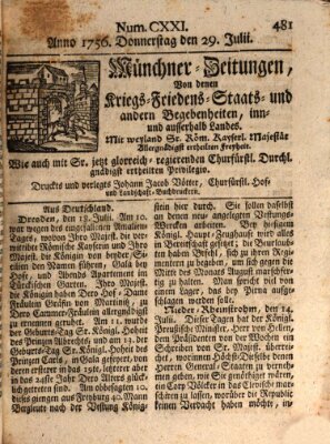 Münchner-Zeitungen, von denen Kriegs-, Friedens- und Staatsbegebenheiten, inn- und ausser Landes (Süddeutsche Presse) Donnerstag 29. Juli 1756