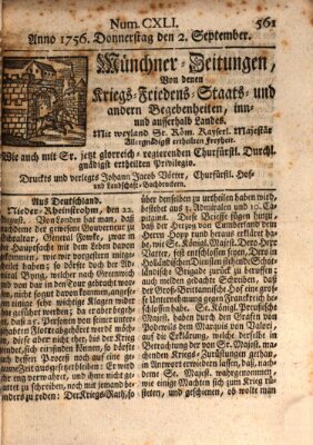 Münchner-Zeitungen, von denen Kriegs-, Friedens- und Staatsbegebenheiten, inn- und ausser Landes (Süddeutsche Presse) Donnerstag 2. September 1756