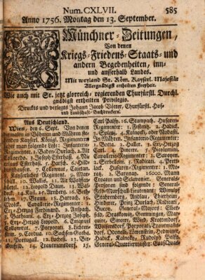 Münchner-Zeitungen, von denen Kriegs-, Friedens- und Staatsbegebenheiten, inn- und ausser Landes (Süddeutsche Presse) Montag 13. September 1756