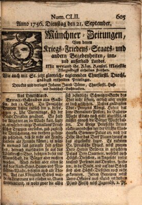 Münchner-Zeitungen, von denen Kriegs-, Friedens- und Staatsbegebenheiten, inn- und ausser Landes (Süddeutsche Presse) Dienstag 21. September 1756