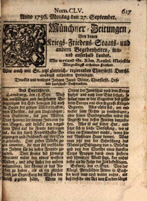 Münchner-Zeitungen, von denen Kriegs-, Friedens- und Staatsbegebenheiten, inn- und ausser Landes (Süddeutsche Presse) Montag 27. September 1756