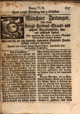 Münchner-Zeitungen, von denen Kriegs-, Friedens- und Staatsbegebenheiten, inn- und ausser Landes (Süddeutsche Presse) Dienstag 5. Oktober 1756