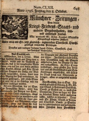 Münchner-Zeitungen, von denen Kriegs-, Friedens- und Staatsbegebenheiten, inn- und ausser Landes (Süddeutsche Presse) Freitag 8. Oktober 1756