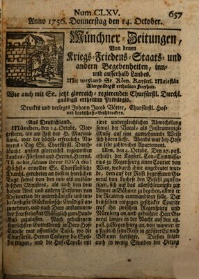 Münchner-Zeitungen, von denen Kriegs-, Friedens- und Staatsbegebenheiten, inn- und ausser Landes (Süddeutsche Presse) Donnerstag 14. Oktober 1756