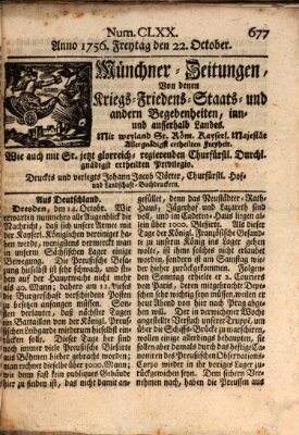 Münchner-Zeitungen, von denen Kriegs-, Friedens- und Staatsbegebenheiten, inn- und ausser Landes (Süddeutsche Presse) Freitag 22. Oktober 1756