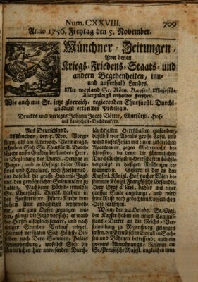 Münchner-Zeitungen, von denen Kriegs-, Friedens- und Staatsbegebenheiten, inn- und ausser Landes (Süddeutsche Presse) Freitag 5. November 1756