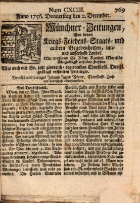 Münchner-Zeitungen, von denen Kriegs-, Friedens- und Staatsbegebenheiten, inn- und ausser Landes (Süddeutsche Presse) Donnerstag 2. Dezember 1756