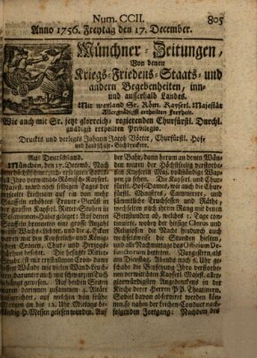 Münchner-Zeitungen, von denen Kriegs-, Friedens- und Staatsbegebenheiten, inn- und ausser Landes (Süddeutsche Presse) Freitag 17. Dezember 1756