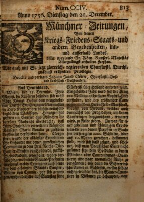 Münchner-Zeitungen, von denen Kriegs-, Friedens- und Staatsbegebenheiten, inn- und ausser Landes (Süddeutsche Presse) Dienstag 21. Dezember 1756