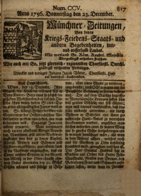 Münchner-Zeitungen, von denen Kriegs-, Friedens- und Staatsbegebenheiten, inn- und ausser Landes (Süddeutsche Presse) Donnerstag 23. Dezember 1756