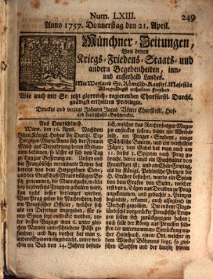 Münchner-Zeitungen, von denen Kriegs-, Friedens- und Staatsbegebenheiten, inn- und ausser Landes (Süddeutsche Presse) Donnerstag 21. April 1757