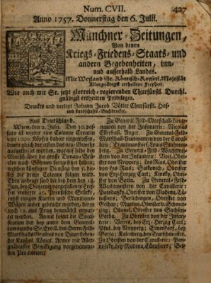 Münchner-Zeitungen, von denen Kriegs-, Friedens- und Staatsbegebenheiten, inn- und ausser Landes (Süddeutsche Presse) Mittwoch 6. Juli 1757