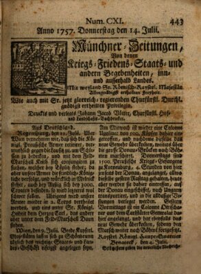 Münchner-Zeitungen, von denen Kriegs-, Friedens- und Staatsbegebenheiten, inn- und ausser Landes (Süddeutsche Presse) Donnerstag 14. Juli 1757