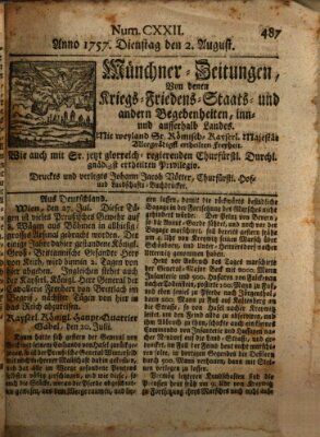 Münchner-Zeitungen, von denen Kriegs-, Friedens- und Staatsbegebenheiten, inn- und ausser Landes (Süddeutsche Presse) Dienstag 2. August 1757