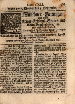 Münchner-Zeitungen, von denen Kriegs-, Friedens- und Staatsbegebenheiten, inn- und ausser Landes (Süddeutsche Presse) Montag 5. September 1757