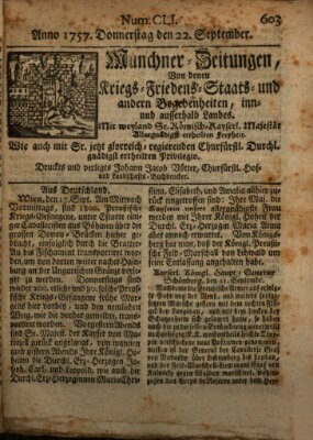 Münchner-Zeitungen, von denen Kriegs-, Friedens- und Staatsbegebenheiten, inn- und ausser Landes (Süddeutsche Presse) Donnerstag 22. September 1757