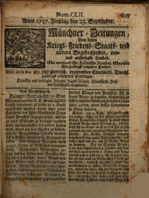 Münchner-Zeitungen, von denen Kriegs-, Friedens- und Staatsbegebenheiten, inn- und ausser Landes (Süddeutsche Presse) Freitag 23. September 1757