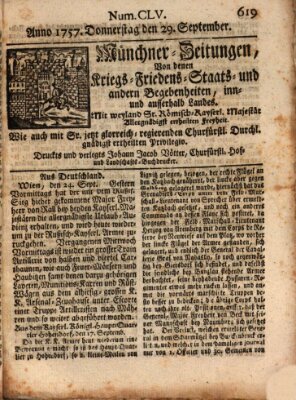 Münchner-Zeitungen, von denen Kriegs-, Friedens- und Staatsbegebenheiten, inn- und ausser Landes (Süddeutsche Presse) Donnerstag 29. September 1757