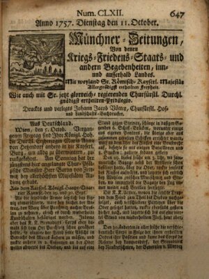 Münchner-Zeitungen, von denen Kriegs-, Friedens- und Staatsbegebenheiten, inn- und ausser Landes (Süddeutsche Presse) Dienstag 11. Oktober 1757