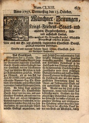 Münchner-Zeitungen, von denen Kriegs-, Friedens- und Staatsbegebenheiten, inn- und ausser Landes (Süddeutsche Presse) Donnerstag 13. Oktober 1757