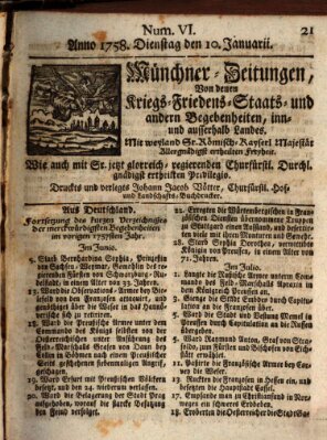 Münchner-Zeitungen, von denen Kriegs-, Friedens- und Staatsbegebenheiten, inn- und ausser Landes (Süddeutsche Presse) Dienstag 10. Januar 1758