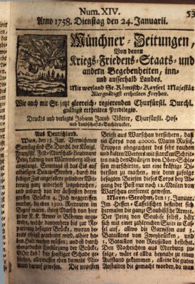 Münchner-Zeitungen, von denen Kriegs-, Friedens- und Staatsbegebenheiten, inn- und ausser Landes (Süddeutsche Presse) Dienstag 24. Januar 1758