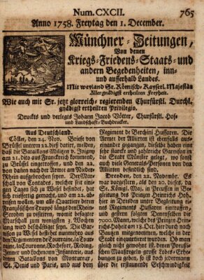 Münchner-Zeitungen, von denen Kriegs-, Friedens- und Staatsbegebenheiten, inn- und ausser Landes (Süddeutsche Presse) Freitag 1. Dezember 1758