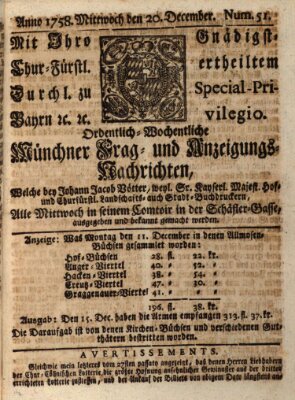 Münchner-Zeitungen, von denen Kriegs-, Friedens- und Staatsbegebenheiten, inn- und ausser Landes (Süddeutsche Presse) Mittwoch 20. Dezember 1758