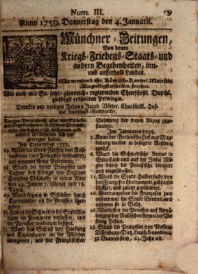 Münchner-Zeitungen, von denen Kriegs-, Friedens- und Staatsbegebenheiten, inn- und ausser Landes (Süddeutsche Presse) Donnerstag 4. Januar 1759