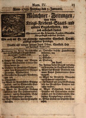 Münchner-Zeitungen, von denen Kriegs-, Friedens- und Staatsbegebenheiten, inn- und ausser Landes (Süddeutsche Presse) Freitag 5. Januar 1759