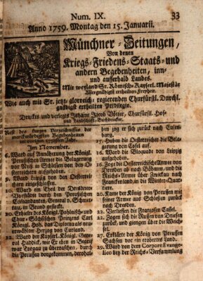 Münchner-Zeitungen, von denen Kriegs-, Friedens- und Staatsbegebenheiten, inn- und ausser Landes (Süddeutsche Presse) Montag 15. Januar 1759