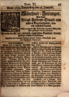 Münchner-Zeitungen, von denen Kriegs-, Friedens- und Staatsbegebenheiten, inn- und ausser Landes (Süddeutsche Presse) Donnerstag 18. Januar 1759