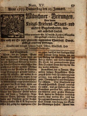 Münchner-Zeitungen, von denen Kriegs-, Friedens- und Staatsbegebenheiten, inn- und ausser Landes (Süddeutsche Presse) Donnerstag 25. Januar 1759