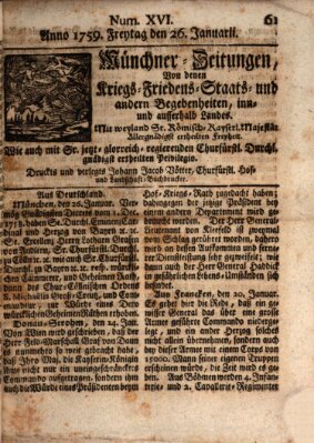 Münchner-Zeitungen, von denen Kriegs-, Friedens- und Staatsbegebenheiten, inn- und ausser Landes (Süddeutsche Presse) Freitag 26. Januar 1759