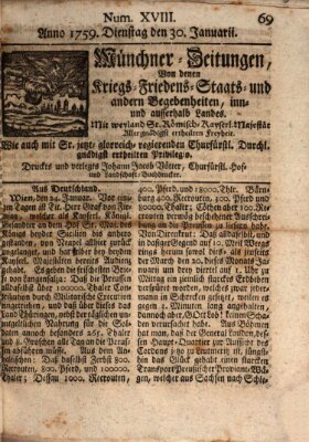 Münchner-Zeitungen, von denen Kriegs-, Friedens- und Staatsbegebenheiten, inn- und ausser Landes (Süddeutsche Presse) Dienstag 30. Januar 1759