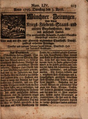 Münchner-Zeitungen, von denen Kriegs-, Friedens- und Staatsbegebenheiten, inn- und ausser Landes (Süddeutsche Presse) Dienstag 3. April 1759