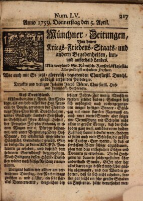 Münchner-Zeitungen, von denen Kriegs-, Friedens- und Staatsbegebenheiten, inn- und ausser Landes (Süddeutsche Presse) Donnerstag 5. April 1759