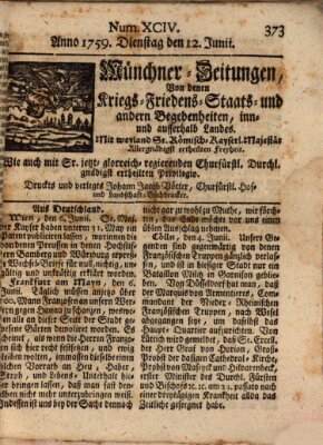 Münchner-Zeitungen, von denen Kriegs-, Friedens- und Staatsbegebenheiten, inn- und ausser Landes (Süddeutsche Presse) Dienstag 12. Juni 1759