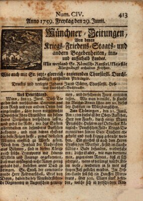 Münchner-Zeitungen, von denen Kriegs-, Friedens- und Staatsbegebenheiten, inn- und ausser Landes (Süddeutsche Presse) Freitag 29. Juni 1759