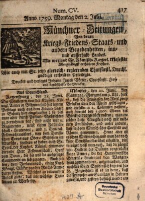 Münchner-Zeitungen, von denen Kriegs-, Friedens- und Staatsbegebenheiten, inn- und ausser Landes (Süddeutsche Presse) Montag 2. Juli 1759