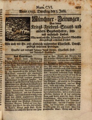 Münchner-Zeitungen, von denen Kriegs-, Friedens- und Staatsbegebenheiten, inn- und ausser Landes (Süddeutsche Presse) Dienstag 3. Juli 1759