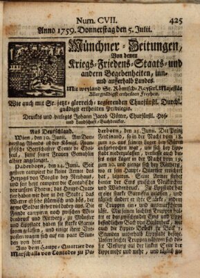 Münchner-Zeitungen, von denen Kriegs-, Friedens- und Staatsbegebenheiten, inn- und ausser Landes (Süddeutsche Presse) Donnerstag 5. Juli 1759