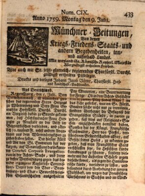 Münchner-Zeitungen, von denen Kriegs-, Friedens- und Staatsbegebenheiten, inn- und ausser Landes (Süddeutsche Presse) Montag 9. Juli 1759