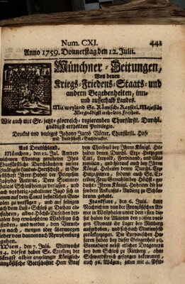 Münchner-Zeitungen, von denen Kriegs-, Friedens- und Staatsbegebenheiten, inn- und ausser Landes (Süddeutsche Presse) Donnerstag 12. Juli 1759