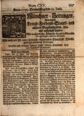 Münchner-Zeitungen, von denen Kriegs-, Friedens- und Staatsbegebenheiten, inn- und ausser Landes (Süddeutsche Presse) Donnerstag 19. Juli 1759